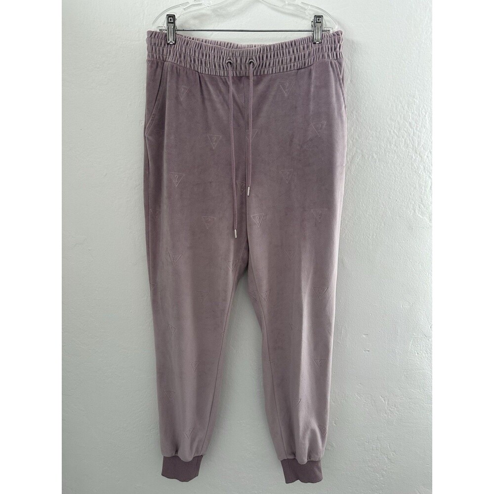 GUESS Velour Logo Joggers Mauve Pink Drawstring Sweatpants Size M